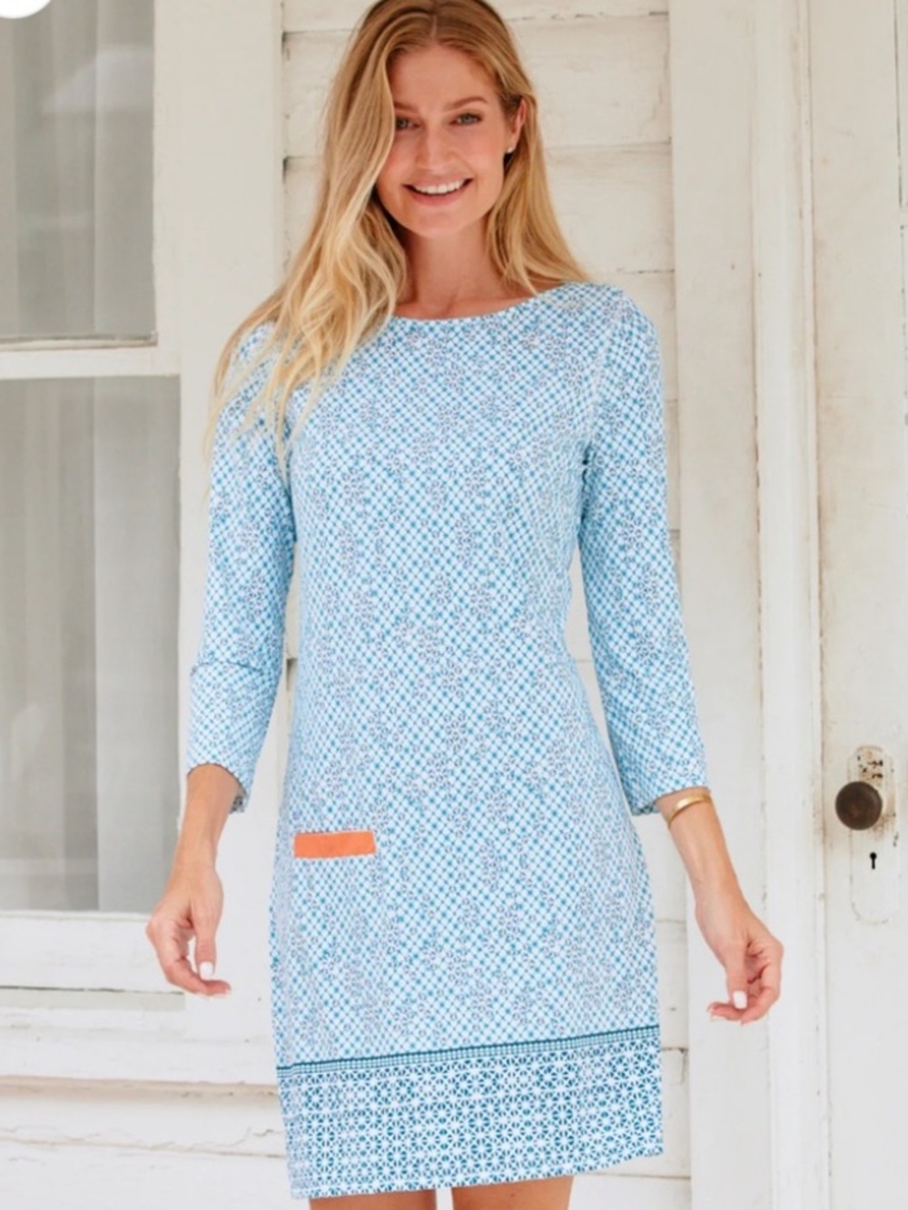 Cabana Life Naples Shift Dress Blue and White Geometric Print